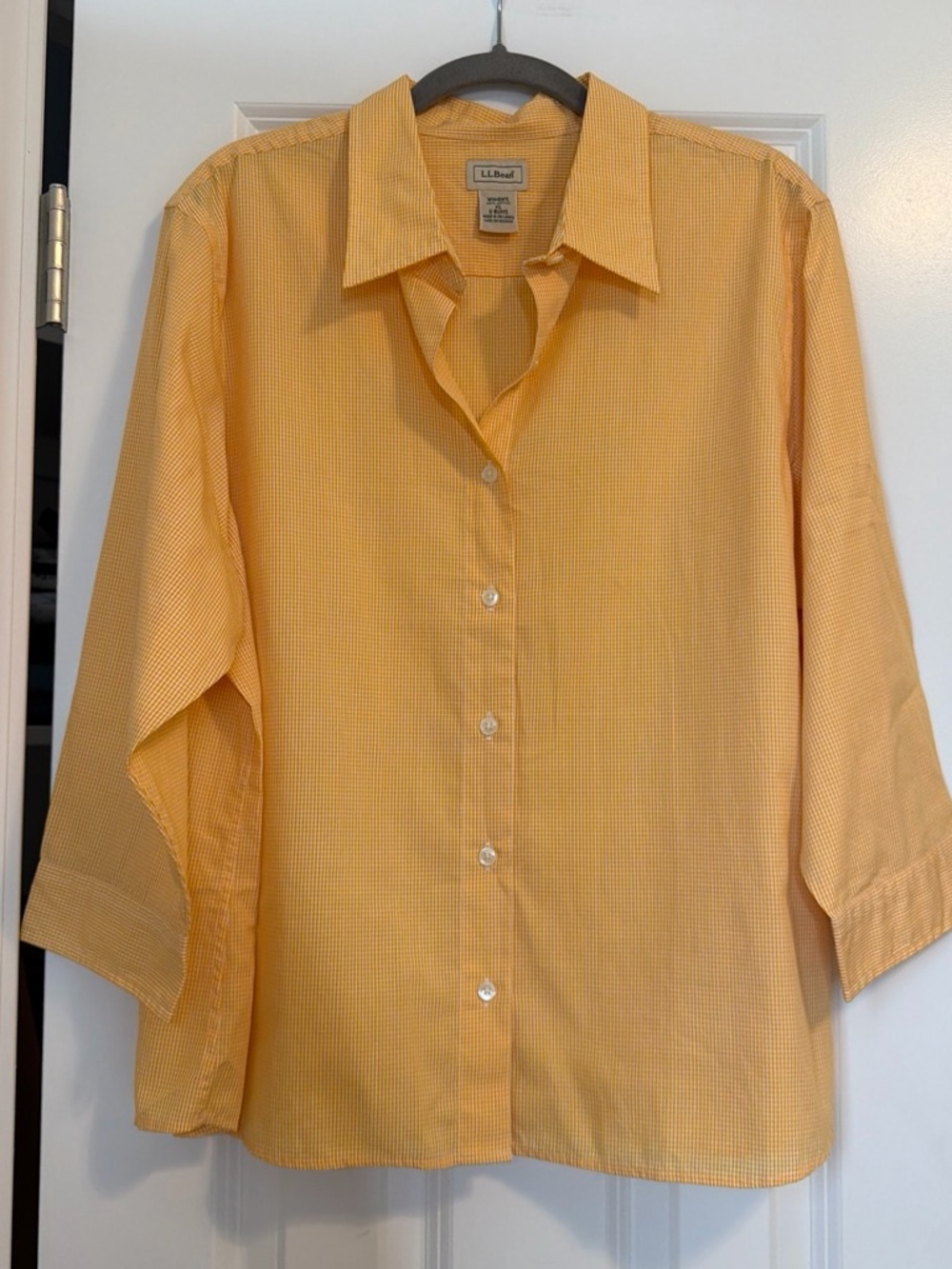 L.L. Bean Yellow Gingham Button-Down Shirt 3/4 Sleeve